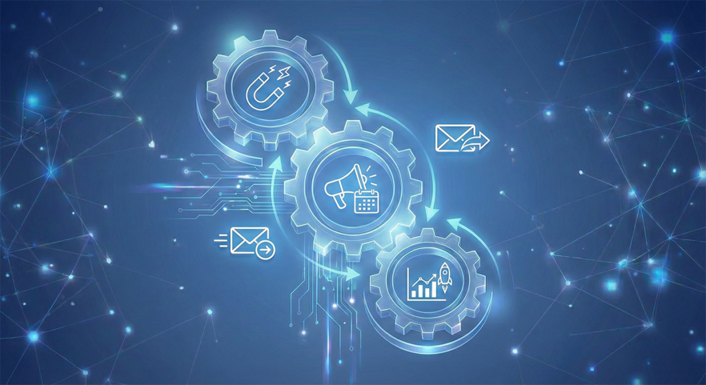 Niebieska, świecąca cyfrowa infografika przedstawiająca trzy połączone koła zębate z białymi symbolami. Górne koło ma magnes i błyskawicę, środkowe megafon i kalendarz, a dolne wykres słupkowy z rakietą. Symbole koperty z strzałką są widoczne obok kół. Tło to ciemnoniebieska sieć neuronowa z liniami danych.